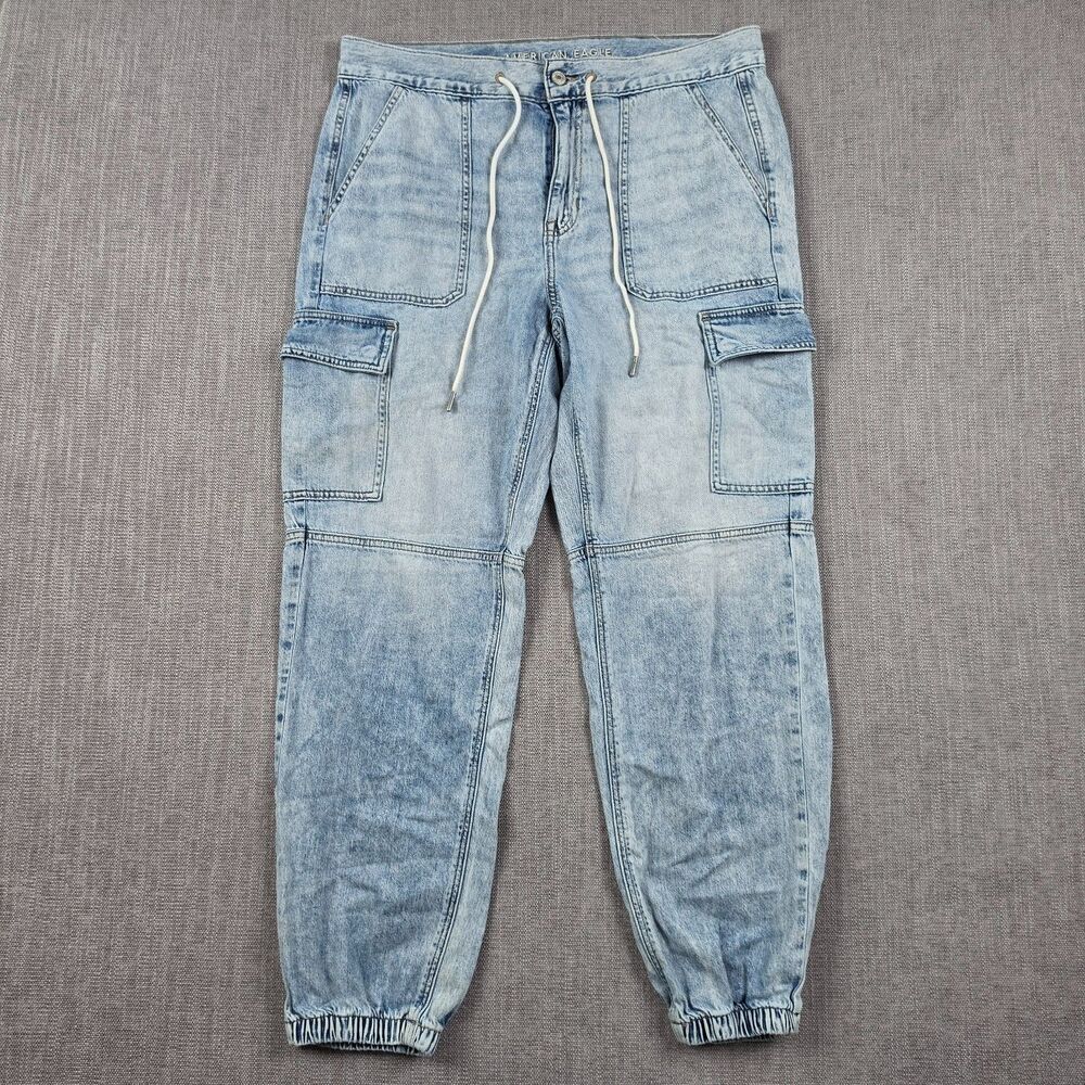 American Eagle Denim Jogger Pants Womens 14 Long Cargo Jeans Drawstring Blue Y2K